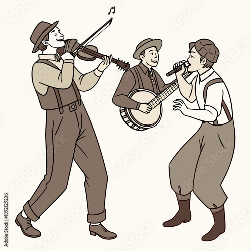 Traditional folk musicians playing violin banjo and harmonica