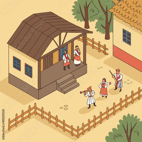 Traditional rural village scene with people and houses