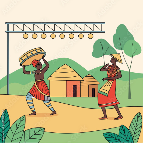 Village women performing traditional dance with drums and costumes