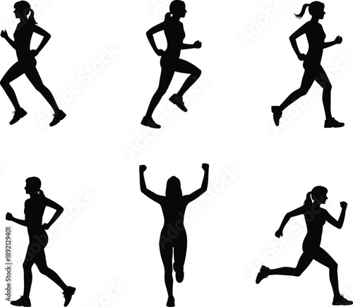 Set of black silhouettes of active women running and jogging in various athletic poses isolated on a plain white background