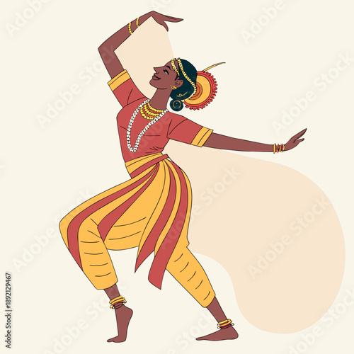 Traditional Indian dancer in red and gold attire with hand gesture
