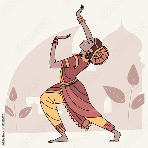 Traditional indian dancer in red and gold attire with hand gesture 1