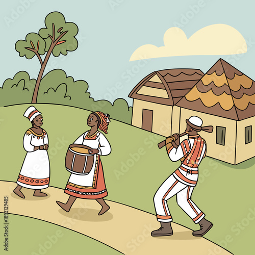 Village cultural performance with musicians walking on path