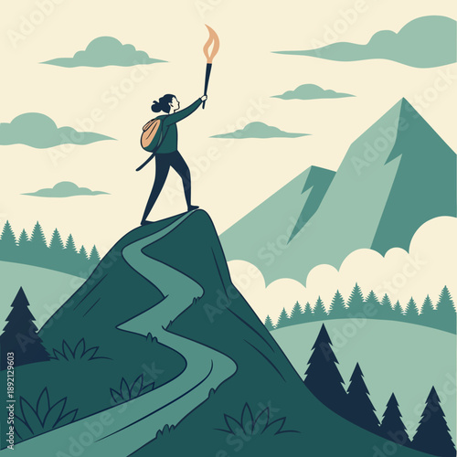 Woman standing on mountain peak holding torch with backpack