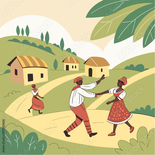 Folk dancers in traditional clothing performing rhythmic movement on village path