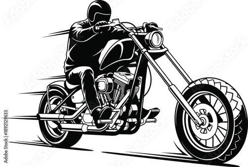 Black and white vector illustration of a biker in a helmet riding a custom chopper motorcycle with dynamic speed lines.