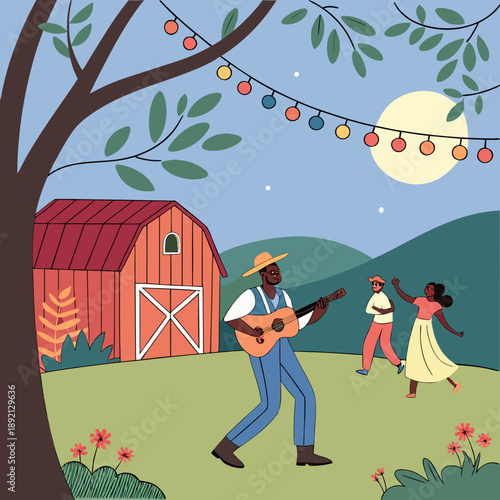 Rural celebration scene with male folk singer holding guitar