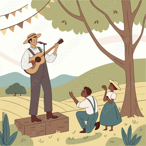 Rural celebration scene with male folk singer holding guitar on wooden box