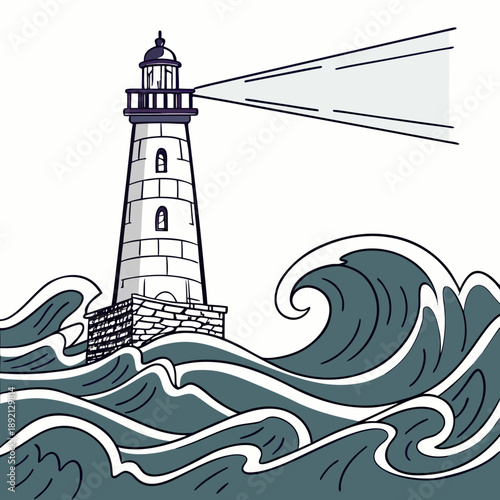 Lighthouse standing on rocky base amid large waves with beam of light