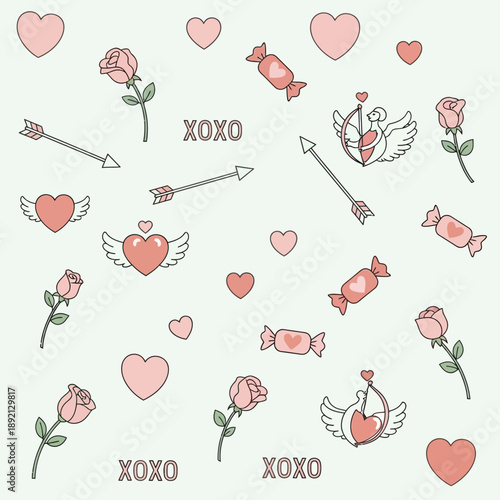 Hand Drawn Valentines Day Symbols and Hearts.