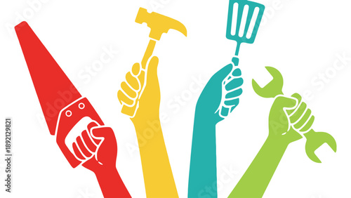 A colorful illustration of hands holding various tools for construction and repair