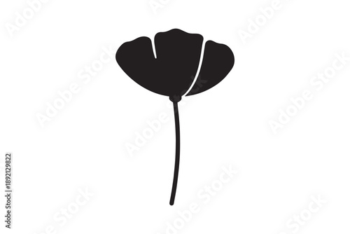 Minimalist black silhouette of a delicate flower, with a slender stem on a pristine white background