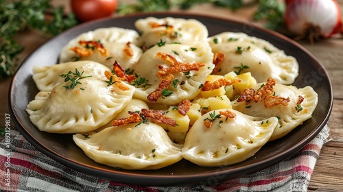 A beautifully arranged plate of traditional Polish pierogi filled with creamy potatoes and savory cheese, garnished with fresh herbs and a sprinkle of crispy onions. The setting includes a rustic