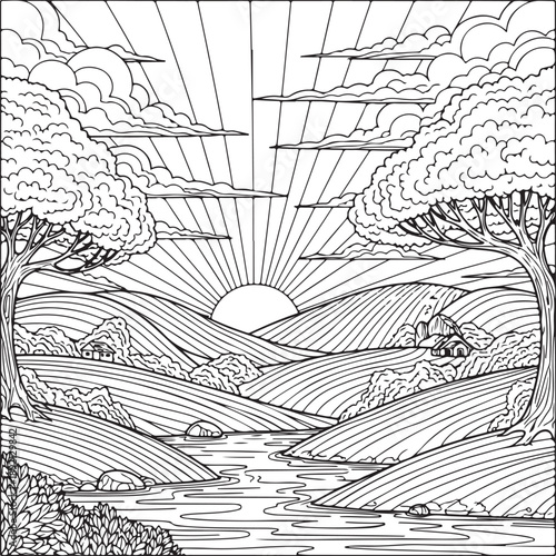 Serene black and white landscape illustration of rolling hills at sunrise, with a river and trees, ideal for adult coloring pages. , Generative Ai