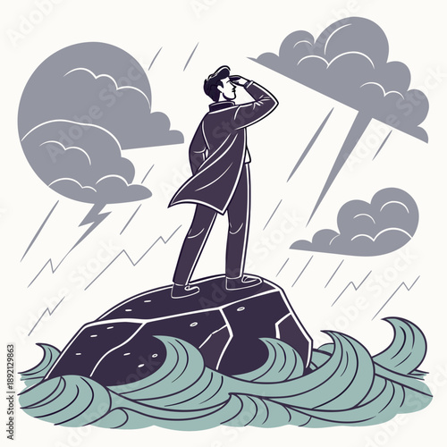 Businessman standing on rock in stormy weather looking ahead