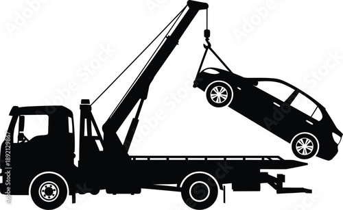 Black silhouette of a flatbed tow truck with a crane lifting a sedan car.