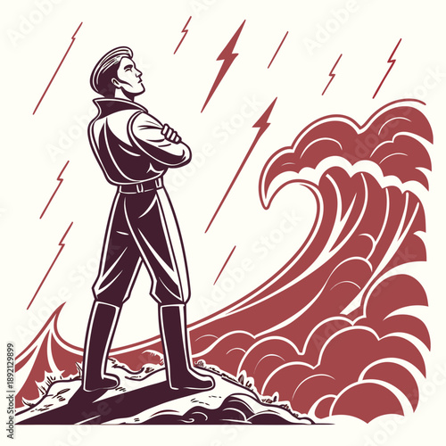 Man standing firm against large wave with lightning