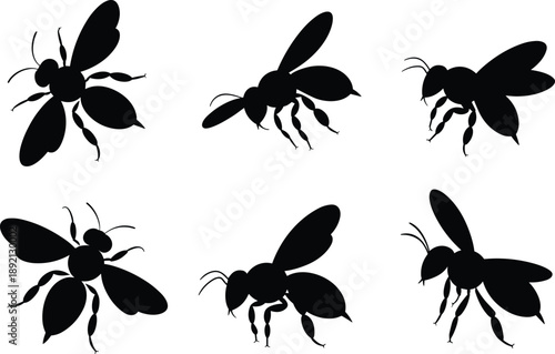 Set of black silhouettes of honey bees flying in various positions and angles isolated on a plain white background for graphic design.