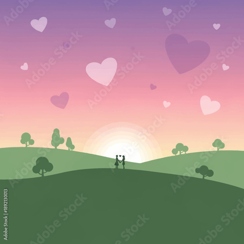 Couple Standing Together Under Heart Sky.