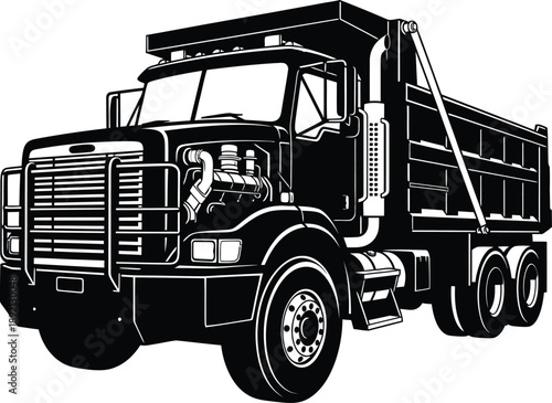 Bold black and white vector illustration of a heavyduty industrial dump truck.