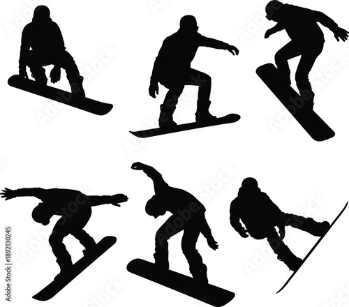 Set of black silhouettes of snowboarders performing various jumps and freestyle tricks in the air isolated on a plain white background