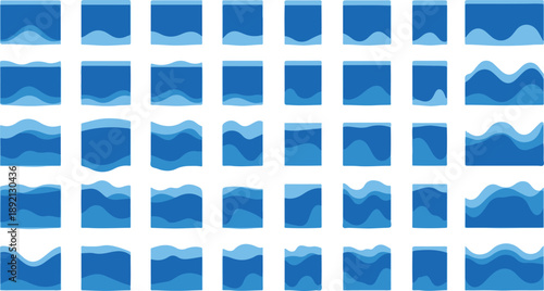 Mega set of abstract blue water wave silhouettes and flowing dividers
