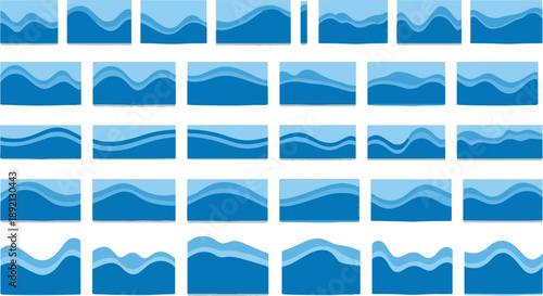 Mega set of abstract blue water wave silhouettes and flowing dividers