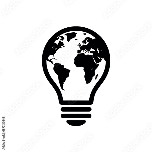 An innovative black and white icon featuring a classic lightbulb shape with the continents of the world mapped within its filament area, representing global ideas and innovation.