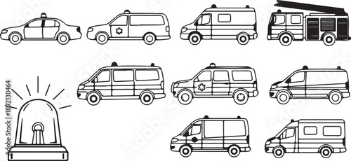 Emergency vehicles line icon set with police car, ambulance and fire truck
