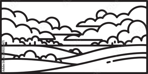 Stylized black and white landscape with rolling hills and dramatic clouds, a modern and artistic representation of nature. , Generative Ai