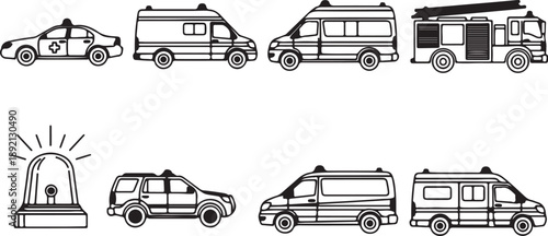 Emergency vehicles line icon set with police car, ambulance and fire truck