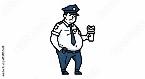 Chubby police officer holding a donut and coffee cup.