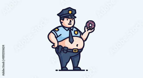 Chubby police officer holding a donut illustration.
