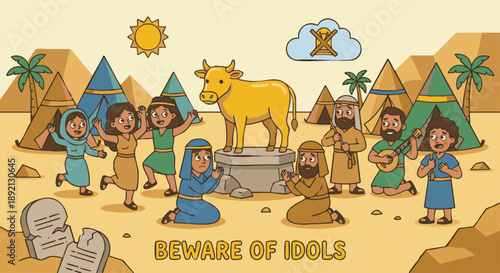 Golden Calf
Cartoon style flat vector illustration of people dancing around a golden calf idol, calf placed on a small platform, desert camp background with tents and hills,