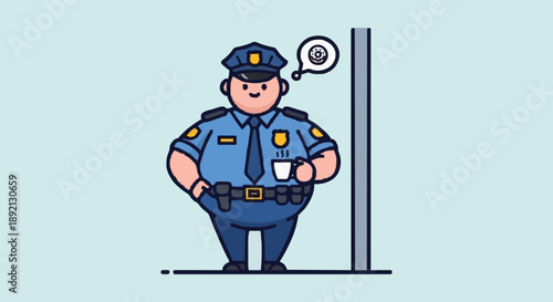 Chubby police officer holding coffee cup standing guard.