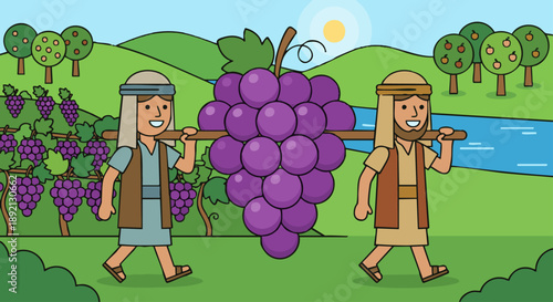  Twelve Spies in Canaan
Cartoon style flat vector illustration of two spies carrying a large bunch of grapes on a pole between them, lush land of Canaan background with vines, hills, and trees, joyful
