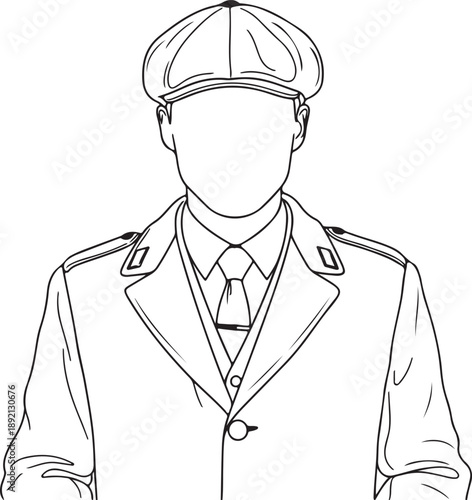 Line of a man wearing a flat cap and trench coat male person 1 figure outline