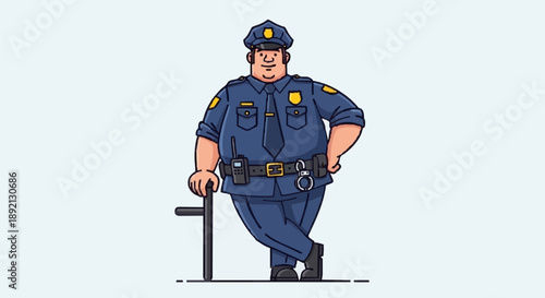 Chubby police officer standing with baton and confident pose.