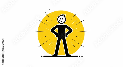 Confident stick figure man standing with hands on hips.