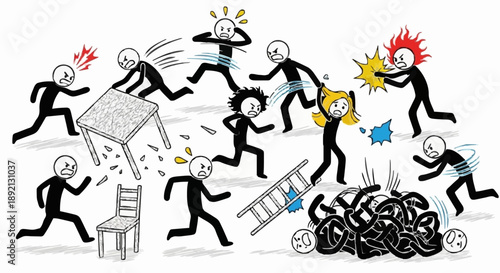 Chaos and conflict depicted by stick figures in a chaotic scene.