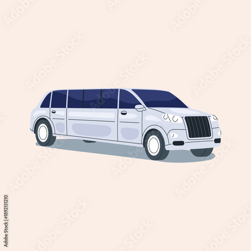 A stylish, modern, white stretch limousine with tinted windows, parked on a neutral background, perfect for upscale transportation and special events