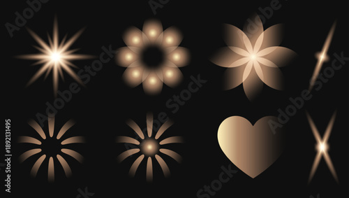 Abstract golden light effects collection featuring starbursts flowers and heart shapes on black