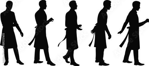 Silhouettes of male waiter walking in sequence, wearing apron and uniform, isolated on white background, showing hospitality service concept and motion for restaurant industry