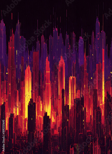 Vibrant cityscape at dusk with warm orange and red hues