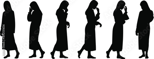 Silhouettes of woman walking and thinking in sequence, isolated on white background, showing contemplation, introspection, emotion and motion for psychology, lifestyle, and storytelling concepts