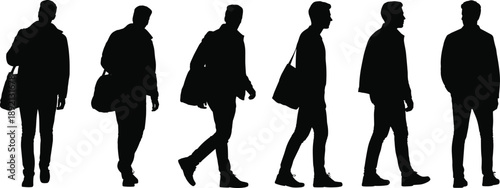 Silhouettes of young men walking with shoulder bags, modern urban lifestyle concept representing casual commuting, everyday travel and contemporary fashion movement on white background