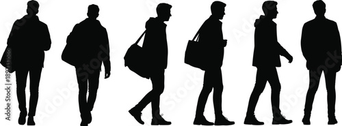 Silhouettes of young men walking with shoulder bags, modern urban lifestyle concept showing casual travel, commuting and everyday movement against isolated white background
