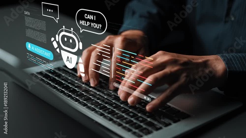 Modern Hands Typing on Laptop with AI Assistant Interface and Data Analytics Graphics in Office Setting for Technology and Innovation Themes Gluon.