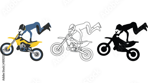 A colorful illustration of a motorcyclist performing a stunt in different styles