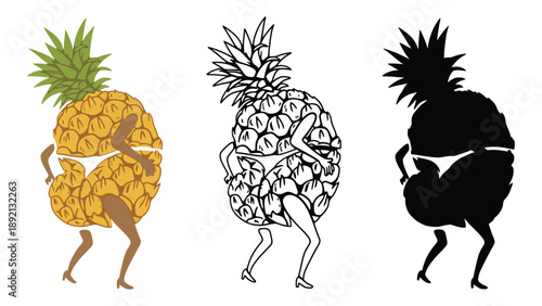 A colorful illustration of dancing pineapples in different styles and colors